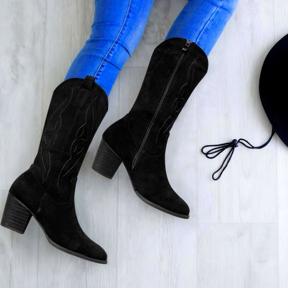 Cowgirl Boots Suede Mid Calf Booties - Picture 1 of 8